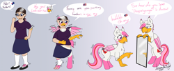 Size: 2985x1234 | Tagged: safe, artist:skyward, imported from derpibooru, oc, oc:foxxy hooves, hippogriff, human, accent, american flag, australian flag, blushing, clothes, coat markings, eye color change, female, glasses, gradient background, hippogriff oc, human to hippogriff, lidded eyes, mirror, open mouth, ponytail, reflection, self paradox, self ponidox, shirt, shoes, skirt, socks, socks (coat markings), speech bubble, torn clothes, torn socks, transformation, transformation sequence, twinning