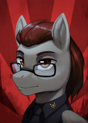 Size: 1552x2164 | Tagged: safe, artist:mrscroup, imported from derpibooru, oc, oc only, oc:dark wing, pegasus, pony, equestria at war mod, bust, clothes, glasses, hammer and horseshoe, necktie, portrait, shirt, solo