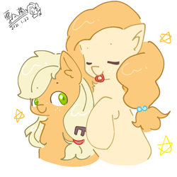 Size: 1080x1080 | Tagged: safe, artist:piaojun55154, imported from derpibooru, applejack, pear butter, earth pony, pony, duo, eyes closed, female, mare, mother and child, mother and daughter, smiling