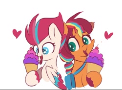 Size: 1058x777 | Tagged: safe, artist:skylinepony_, imported from derpibooru, sunny starscout, zipp storm, earth pony, pegasus, pony, cute, duo, eating, female, food, g5, heart, ice cream, simple background, tongue out, white background