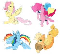 Size: 1179x1080 | Tagged: safe, imported from derpibooru, applejack, fluttershy, pinkie pie, rainbow dash, butterfly, balloon, simple background, snorting, white background