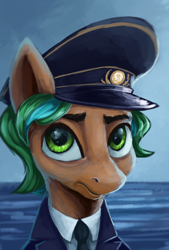 Size: 3096x4572 | Tagged: safe, artist:ryanmandraws, imported from derpibooru, oc, oc only, oc:oborin, pony, equestria at war mod, bust, cap, clothes, hat, necktie, ocean, portrait, solo, uniform, water