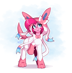 Size: 2006x2044 | Tagged: safe, artist:buvanybu, imported from derpibooru, pinkie pie, earth pony, pony, sylveon, clothes, costume, kigurumi, open mouth, open smile, pokémon, raised hoof, smiling, solo