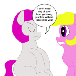 Size: 1000x1000 | Tagged: safe, artist:mastermarik, imported from derpibooru, starlight (g1), sweetheart, earth pony, pony, my little pony tales, 1000 hours in ms paint, 2011, dialogue, discorded, duo, duo female, eyes closed, female, frown, g1, simple background, sitting, speech bubble, tail, white background