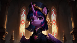 Size: 1920x1080 | Tagged: safe, imported from derpibooru, twilight sparkle, alicorn, pony, ai assisted, ai content, ai generated, aristocrat, clothes, dress, female, generator:pony diffusion v6 xl, generator:stable diffusion, hat, mare, prompter:oranzinispegasiukas, solo, twilight sparkle (alicorn)