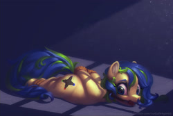 Size: 2700x1800 | Tagged: safe, artist:gor1ck, imported from derpibooru, oc, oc only, oc:ravebounce, earth pony, pony, arm behind back, ballgag, bondage, bound and gagged, commission, drool, female, gag, hooves behind back, lying down, prone, rope, rope bondage, ropes, solo, ych result