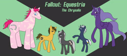 Size: 2523x1106 | Tagged: safe, artist:pain-jam-cookie, imported from derpibooru, oc, oc only, oc:dusty trails, oc:echo (the chrysalis), oc:sickle, oc:starlight, oc:whisper, alicorn, earth pony, pony, unicorn, fallout equestria, fanfic:fallout equestria: the chrysalis, alicorn oc, disguise, disguised changeling, earth pony oc, fanfic art, horn, unicorn oc, wings
