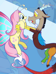 Size: 1752x2336 | Tagged: safe, artist:我是昵称, imported from derpibooru, discord, fluttershy, draconequus, flutter pony, pony, abstract background, female, holding, looking at each other, looking at someone, mare, species swap, unshorn fetlocks