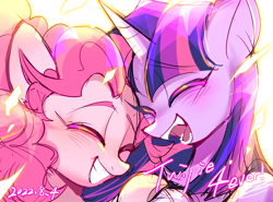 Size: 2300x1700 | Tagged: safe, artist:xiaoxingxin, imported from derpibooru, pinkie pie, twilight sparkle, earth pony, pony, unicorn, cute, duo, duo female, female, horn, lesbian, mare, shipping, twinkie