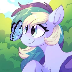 Size: 2000x2000 | Tagged: safe, artist:skysorbett, imported from derpibooru, oc, oc only, bat pony, butterfly, pony, bat pony oc, bat wings, bush, butterfly on nose, chest fluff, cloud, folded wings, insect on nose, raised hoof, sky, smiling, solo, sparkling mane, wings