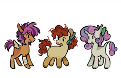 Size: 1400x900 | Tagged: safe, artist:camo_ty, imported from derpibooru, part of a set, apple bloom, scootaloo, sweetie belle, earth pony, pegasus, pony, unicorn, alternate accessories, alternate color palette, alternate design, alternate hairstyle, alternate mane color, alternate tail color, alternate tailstyle, bandage, bandaged leg, beanbrows, bonnet, bow, brown hooves, chubby, coat markings, colored, colored ears, colored eyebrows, colored hooves, colored horn, colored muzzle, colored nose, colored pinane, colored wings, colored wingtips, cream coat, curly mane, curly tail, curved horn, cutie mark crusaders, dot eyes, ear tufts, eyebrows, eyebrows visible through hair, eyelashes, facial markings, female, filly, floppy ears, foal, freckles, green bow, green hooves, hair bow, heart nose, horn, leg freckles, leonine tail, looking at each other, looking at someone, open mouth, open smile, physique difference, profile, purple mane, purple tail, red mane, red tail, short horn, short mane, short tail, signature, simple background, small wings, smiling, smiling at each other, snip (coat marking), socks (coat markings), spiky mane, spiky tail, spread wings, standing, tail, tall ears, thin, trio, trio female, two toned mane, two toned tail, two toned wings, unshorn fetlocks, wall of tags, white background, white coat, wings, yellow coat