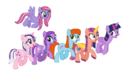 Size: 1030x588 | Tagged: safe, artist:diana173076, imported from derpibooru, bright eyes, starsong, sunny starscout, twilight, twilight sparkle, twilight twinkle, alicorn, earth pony, pegasus, pony, unicorn, my little pony tales, artificial horn, artificial wings, augmented, braid, female, flying, folded wings, g1, g1 to g4, g3, g3 to g4, g3.5, g3.5 to g4, g5, g5 to g4, generation leap, generational ponidox, group, horn, jumping, looking at each other, looking at someone, looking down, magic, magic horn, magic wings, mare, open mouth, open smile, raised hoof, sextet, simple background, smiling, smiling at each other, spread wings, sunny and her heroine, tail, twilight sparkle (alicorn), unshorn fetlocks, walking, white background, wings