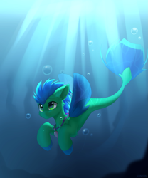 Size: 1707x2048 | Tagged: safe, artist:lunylin, imported from derpibooru, oc, oc only, oc:sky splash, seapony (g4), blue mane, blue tail, blue wings, bubble, cheek fluff, crepuscular rays, cute, digital art, dorsal fin, fin, fin wings, fins, fish tail, flowing mane, flowing tail, green eyes, happy, jewelry, male, necklace, ocean, scales, seapony oc, smiling, solo, spread wings, sunlight, swimming, tail, underwater, water, wings