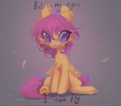 Size: 2048x1790 | Tagged: safe, artist:blcksswn, imported from derpibooru, scootaloo, pegasus, pony, alternate hairstyle, angst, big ears, big eyes, cheek fluff, chest fluff, colored, crying, curly mane, detailed, ear fluff, eyelashes, feather, female, filly, foal, frown, gradient background, long mane, looking away, narrowed eyes, orange coat, purple eyes, purple mane, purple tail, sad, scootaloo can't fly, shiny eyes, sitting, small wings, solo, tail, tall ears, text, wingding eyes, wings, wings down