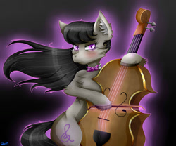 Size: 1280x1067 | Tagged: safe, artist:starblossom15, imported from derpibooru, octavia melody, earth pony, pony, semi-anthro, bipedal, blushing, bow (instrument), bowtie, cello, cello bow, colored hooves, colored pinnae, crying, eyebrows, eyebrows visible through hair, eyelashes, female, flowing mane, fluffy, gradient background, hoof hold, hoof polish, lidded eyes, looking at something, mare, musical instrument, outline, shiny hooves, signature, solo