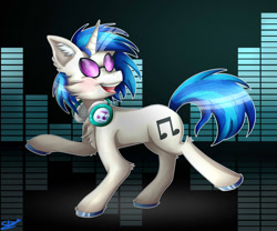 Size: 1280x1067 | Tagged: safe, artist:starblossom15, imported from derpibooru, dj pon-3, vinyl scratch, pony, unicorn, blush lines, blushing, colored hooves, colored pinnae, equalizer, female, fluffy, glasses, gradient background, hoof polish, horn, mare, open mouth, open smile, outline, raised hoof, shiny hooves, signature, smiling, solo, trotting, turned head, vinyl's glasses