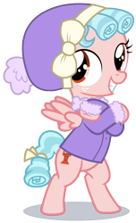 Size: 932x1529 | Tagged: safe, anonymous editor, artist:phucknuckl, edit, imported from derpibooru, cozy glow, pegasus, pony, bipedal, clothes, cozybetes, crossed hooves, cute, female, filly, foal, grin, simple background, smiling, solo, transparent background, winter outfit