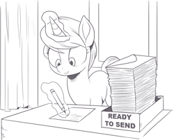 Size: 955x771 | Tagged: safe, artist:nauyaco, imported from derpibooru, oc, oc only, pony, unicorn, female, horn, magic, mare, monochrome, oc name needed, paper, solo