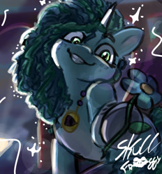 Size: 2007x2160 | Tagged: safe, artist:myskullfroggy, imported from derpibooru, pony, unicorn, amulet, creepy, creepy smile, flower, freckles, g5, horn, jewelry, lightning, looking at you, misty brightdawn, my little pony: make your mark, my little pony: tell your tale, shading, signature, smiling, smiling at you, two toned mane, unshorn fetlocks