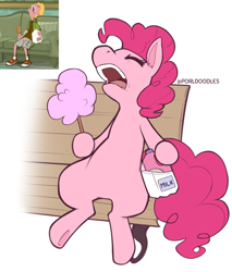 Size: 3095x3625 | Tagged: safe, artist:porldraws, imported from derpibooru, pinkie pie, earth pony, pony, bench, meme, phineas and ferb, reference used, simple background, sleeping, snoring, solo, white background