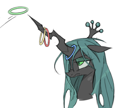 Size: 2228x1972 | Tagged: safe, artist:6ji5z6gmst1j2vs, imported from derpibooru, queen chrysalis, changeling, changeling queen, crown, eyeshadow, female, floppy ears, frown, jewelry, makeup, mundane utility, queen chrysalis is not amused, regalia, ring toss, simple background, solo, unamused, white background