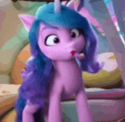 Size: 322x316 | Tagged: safe, imported from derpibooru, screencap, izzy moonbow, pony, unicorn, spoiler:g5, spoiler:my little pony: make your mark, spoiler:my little pony: make your mark chapter 4, spoiler:mymc04e07, animated, bedroom, blowing, crystal brighthouse, cute, female, g5, gif, horn, izzy is best facemaker, izzybetes, mare, missing the mark, my little pony: make your mark, my little pony: make your mark chapter 4, party horn