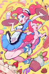 Size: 3672x5556 | Tagged: safe, artist:nainaier007, imported from derpibooru, pinkie pie, earth pony, human, pony, equestria girls, apron, cake, candy, clothes, confetti, cupcake, dress, drink, eyes closed, food, hat, heart, human ponidox, milkshake, open mouth, open smile, pancakes, roller skates, self paradox, self ponidox, server pinkie pie, shoes, simple background, skates, smiling, sneakers, strawberry, streamers, tray, waffle, yellow background