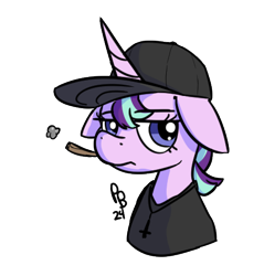 Size: 439x460 | Tagged: safe, artist:ponballoon, imported from derpibooru, starlight glimmer, unicorn, cap, clothes, drugs, hat, horn, joint, marijuana, shirt, simple background, solo, t-shirt, transparent background