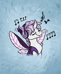 Size: 1551x1883 | Tagged: safe, artist:helmie-art, imported from derpibooru, oc, oc only, oc:elytra, changedling, changeling, changedling oc, changeling oc, eyes closed, headphones, music notes, pink changeling, solo, white changeling