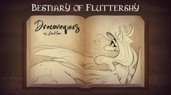 Size: 2996x1668 | Tagged: safe, artist:alrumoon_art, imported from derpibooru, fluttershy, draconequus, book, collaboration, collaboration:bestiary of fluttershy, female, looking away, mare, monochrome, race swap, sketch, solo