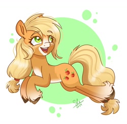 Size: 1250x1227 | Tagged: safe, artist:galaxy swirl, imported from derpibooru, applejack, earth pony, pony, abstract background, alternate design, blaze (coat marking), circle background, coat markings, eyebrows, eyebrows visible through hair, facial markings, female, freckles, full body, hairband, mare, open mouth, open smile, pale belly, signature, smiling, solo, unshorn fetlocks