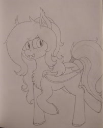 Size: 2856x3529 | Tagged: safe, artist:curly horse, imported from derpibooru, oc, oc only, oc:umbra glow, bat pony, chest fluff, female, fluffy, freckles, happy, mare, pencil drawing, sketch, smiling, solo, tail, tail wrap, traditional art