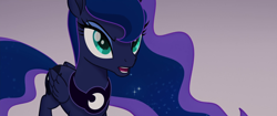 Size: 1920x804 | Tagged: safe, imported from derpibooru, screencap, princess luna, alicorn, pony, my little pony: the movie, chestplate, collar, crown, ethereal mane, eyeshadow, female, folded wings, galaxy mane, galaxy tail, jewelry, lidded eyes, luna's collar, makeup, mare, princess luna's cutie mark, regalia, solo, wings, wings down