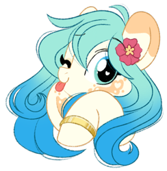 Size: 1324x1357 | Tagged: safe, artist:emberslament, imported from derpibooru, oc, oc only, oc:seascape, earth pony, pony, coat markings, cute, doodle, earth pony oc, female, flower, flower in hair, gradient mane, heart, heart eyes, mare, mottled coat, one eye closed, simple background, solo, tongue out, transparent background, wingding eyes, wink