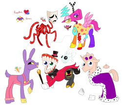 Size: 1920x1664 | Tagged: safe, artist:moondeer1616, imported from derpibooru, earth pony, original species, parasprite, pegasus, pony, unicorn, ambiguous gender, bubble (tadc), caine (tadc), clothes, crown, crying, cutie mark, deviantart watermark, female, gangle, gloves, horn, jax (tadc), jewelry, kinger, male, mask, obtrusive watermark, ponified, raised hoof, regalia, ribbon, simple background, tail, teeth, the amazing digital circus, transparent background, watermark, zooble