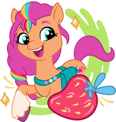 Size: 3000x3146 | Tagged: safe, artist:cloudy glow, imported from derpibooru, sunny starscout, earth pony, pony, food, fruit, g5, simple background, solo, strawberry, transparent background