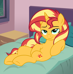 Size: 2374x2410 | Tagged: safe, artist:shieldwingarmorofgod, imported from derpibooru, sunset shimmer, pony, unicorn, base used, bed, bedroom eyes, female, horn, smiling, solo, stupid sexy sunset shimmer, sultry pose