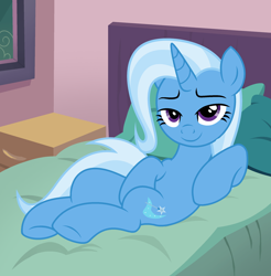 Size: 2374x2410 | Tagged: safe, artist:shieldwingarmorofgod, imported from derpibooru, part of a set, trixie, pony, unicorn, base used, bed, bedroom, bedroom eyes, horn, smiling, solo, stupid sexy trixie, sultry pose