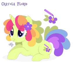 Size: 3500x3000 | Tagged: safe, artist:kabuvee, imported from derpibooru, oc, oc only, oc:crayola florid, pony, unicorn, eye clipping through hair, female, flower, flower in hair, horn, lying down, mare, multicolored hair, prone, rainbow hair, simple background, solo, transparent background