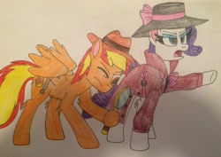 Size: 2840x2007 | Tagged: safe, artist:mlptmntfan2000, imported from derpibooru, rarity, oc, oc:firey ratchet, pegasus, pony, unicorn, clothes, detective, detective rarity, duo, duo male and female, fedora, female, hat, horn, magnifying glass, male, sketch, traditional art, trenchcoat