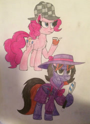 Size: 761x1050 | Tagged: safe, artist:mlptmntfan2000, imported from derpibooru, pinkie pie, oc, oc:princess kincade, alicorn, earth pony, pony, bubble pipe, clothes, deerstalker, detective, duo, duo female, fedora, female, hat, magnifying glass, pipe, sherlock holmes, sherlock pie, sketch, traditional art, trenchcoat