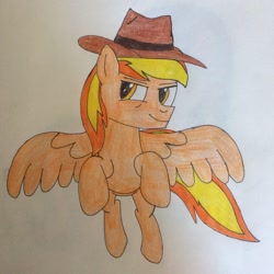 Size: 2448x2448 | Tagged: safe, artist:mlptmntfan2000, imported from derpibooru, oc, oc only, oc:firey ratchet, pegasus, pony, detective, fedora, flying, hat, male, sketch, solo, stallion, traditional art