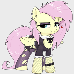 Size: 866x872 | Tagged: safe, artist:whiskeypanda, imported from derpibooru, fluttershy, pegasus, pony, /mlp/, aggie.io, armband, bow, clothes, cutout, drawthread, eyeshadow, female, fluttergoth, frown, garter belt, goth, jewelry, looking at you, makeup, ripped stockings, simple background, socks, stockings, thigh highs, torn clothes