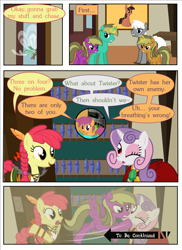 Size: 2700x3713 | Tagged: safe, imported from derpibooru, apple bloom, scootaloo, sweetie belle, breezie, pegasus, pony, unicorn, comic:bleeding hearts, comic, horn, jojo's bizarre adventure, meme, to be continued, to be continued (meme)