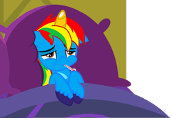 Size: 1048x720 | Tagged: safe, artist:shieldwingarmorofgod, imported from derpibooru, oc, oc only, oc:shield wing, alicorn, bed, blanket, male, pillow, sick, simple background, solo, thermometer, transparent background