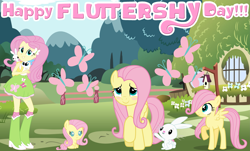 Size: 4417x2667 | Tagged: safe, artist:shieldwingarmorofgod, imported from derpibooru, angel bunny, fluttershy, human, pegasus, pony, rabbit, animal, baby, baby pony, blush sticker, blushing, female, filly, filly fluttershy, fluttershy day, fluttershy's cottage, human ponidox, multeity, self paradox, self ponidox, so much flutter, time paradox, younger