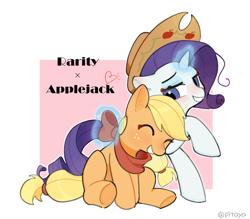 Size: 1448x1270 | Tagged: safe, artist:pitaya, imported from derpibooru, applejack, rarity, earth pony, pony, unicorn, abstract background, blushing, bowtie, cute, duo, duo female, eyes closed, female, grin, heart, horn, lesbian, magic, mare, neckerchief, rarijack, shipping, sitting, smiling, text