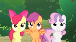 Size: 1302x731 | Tagged: safe, imported from derpibooru, screencap, apple bloom, scootaloo, sweetie belle, earth pony, pegasus, pony, unicorn, the show stoppers, cutie mark crusaders, female, horn, trio, trio female