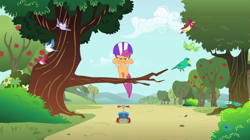 Size: 1295x725 | Tagged: safe, imported from derpibooru, screencap, scootaloo, pegasus, pony, the show stoppers, female, helmet, jumping, scootaloo's scooter, tree, tree branch