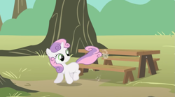 Size: 1301x725 | Tagged: safe, imported from derpibooru, screencap, sweetie belle, pony, unicorn, the show stoppers, female, horn, picnic table, solo, sweepy belle, table